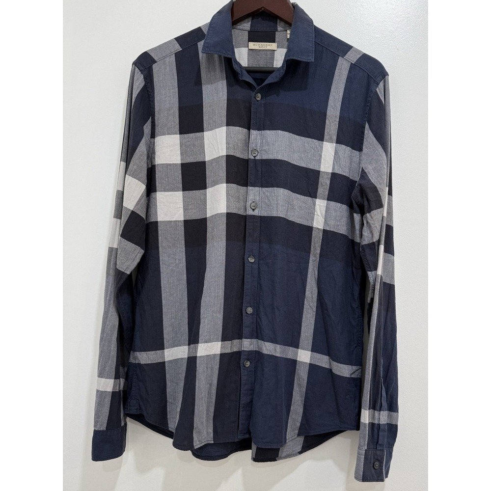 Burberry Brit Blue Nova Check Plaid Button Up Shirt Men's Medium Long Sleeve